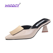 Pointed Toe White High heels Muller slippers women 2019 summer shoes woman Fashion Metal Decoration Shallow Party female shoes 2024 - buy cheap