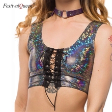 Festival Queen women holographic lace up tank tops streetwear bodycon rave festival clothes laser hologram foil fabric crop top 2024 - buy cheap