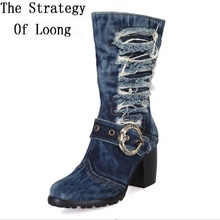 Spring Autumn New Think High Heels Platform Metal Buckle Denim Women Half Western Cowboy Boots Ladies Mid-Calf Ripped Botas 0927 2024 - buy cheap