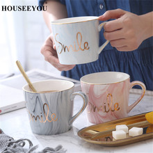 HOUSEEYOU Hand-Painted Natural Marble Porcelain Coffee Cups Couple Mug with Golden Smile Word Tea Milk Water Cups Gift Wholesale 2024 - buy cheap