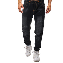Jeans masculino hip-hop para motocicleta, nova moda de moto, algodão rasgado, de alta qualidade, com cordão plissado, slim, roupa de rua motociclista 2024 - compre barato