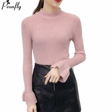 PEONFLY Half Turtleneck For Women Autumn Winter Flare Sleeve Kniited Sweater Female Korean Jumper And Pullover Pull Femme 2024 - buy cheap