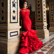 Женское винтажное платье-русалка, красное платье с длинным рукавом и V-образным вырезом, с аппликацией, сделано в Китае 2024 - купить недорого