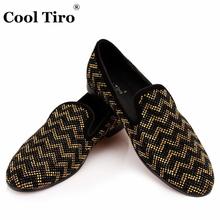 COOL TIRO Black Gold Wave Striped Strass Loafers Men SmokingSlippers Suede Moccasins Mens Dress Shoes Flats Casual Real Leather 2024 - buy cheap