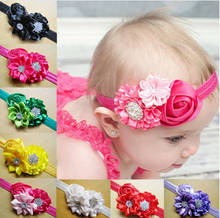 2017 children hair band fabric flowers for headbands satin ribbon roses rhinestone girls hair accessories headwear 30pcs /lot 2024 - buy cheap