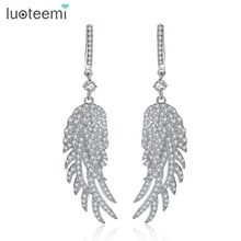 LUOTEEMI 2017 Fashion Long Drop Earrings with Stones Angel Wings Large Big Brincos Micro Paved CZ Ear Clip Wedding Jewelry 2024 - compre barato