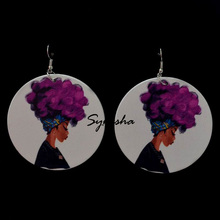 Round Shaped Wood Earrings Women's Black Lady Printing Earrings 2024 - buy cheap