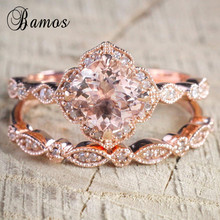 Bamos Vintage Rose Gold Color Cubic Zirconia Ring Set Korean Style Stackable Wedding Rings For Women Fashion Jewelry Accessories 2024 - buy cheap