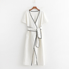 Женское платье-миди с запахом, Элегантное повседневное белое платье с запахом, v-образным вырезом, бантом и поясом с коротким рукавом 2024 - купить недорого