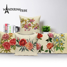 Travesseiro de flores vintage, decoração de casa, capa de almofada de plantas, capa de linho, almofadas personalizadas para sala de estar 45*45 2024 - compre barato