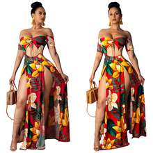 2019 Sexy Print Slit Women Maxi Dresses Summer Strapless Long Dress Pattern Floral Milk Fabric Dress Short Sleeve Long Dress 2024 - buy cheap