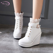 European party style round toe ankle boots fashion lace-up belt buckle zipper high heel wedges motorcycle boots women's shoes 2024 - buy cheap