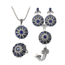 Conjunto de joias vintage estilo turco, com pingentes em flor de cristal azul, bracelete banhado a prata e anel, brincos 2024 - compre barato