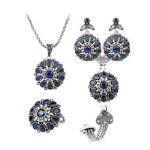 New Vintage Turkish Jewelry Sets Blue Crystal Flower Pendant  Antique Silver Plated Bracelet Ring Necklace Earrings Set 2024 - buy cheap