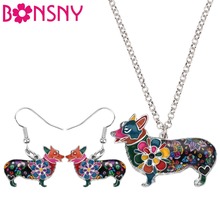 Bonsny Enamel Alloy Welsh Corgi Pembroke Dog Earrings Necklace Collar Cute Animal Jewelry Sets For Women Girls Pet Lovers Gift 2024 - buy cheap