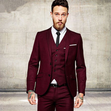 Men's Fashion Wine Red Burgundy Men Suits Slim Fit Formal Tailor Made Groom Prom Tuxedo 3 Piece Male Blazer Jacket+Pant+Vest 2024 - buy cheap