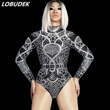 Sparkly Silver Black Rhinestones crystal Bodysuit Women Long Sleeve Elastic Leotard Dance Costume Sexy Nightclub Bar  Stage Wear 2024 - buy cheap