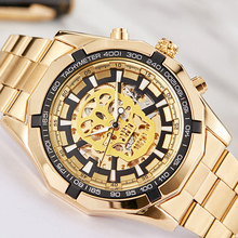 Роскошные золотые автоматические механические мужские часы, Скелетон из нержавеющей стали, самокручивающиеся наручные часы, мужские часы с черепом, часы relogio masculino 2024 - купить недорого