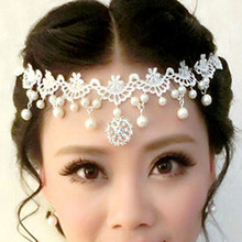 Elegant Pearl Wedding Head Chain Forehead Hair Jewelry Crystal Women Hair Band Lace Floral Bridal Headpiece For Marriage 2024 - buy cheap