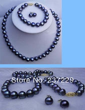 Wholesale price FREE SHIPPING ^^^^ 8-9mm black Akoya Cultured Pearl necklace/bracelet/earrings set 18"7.5" 2024 - buy cheap