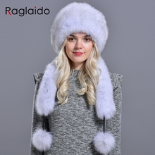 Raglaido Bomber fur hat with tail Winter women natural fox rabbit fur warm thick diamond fashionable stylish girls Mongolian hat 2024 - buy cheap