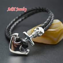 10pcs Skull Hand & Anchor Charms Bangles High Quality Stainless Steel Fashion Men Genuine Leather Bracelets Birthday Gift 2024 - buy cheap