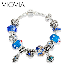 VIOVIA Authentic Blue Hand Charms Bracelets For Women Crystal Beads Eye Bracelets & Bangles Pulseras Fashion Jewelry B16195 2024 - buy cheap