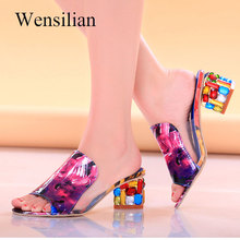Sandálias de cristal femininas, sandálias elegantes com dedos para mulheres, salto quadrado, com strass 2024 - compre barato