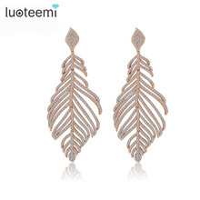 LUOTEEMI-pendientes de gota de circonia cúbica para mujer, aretes largos y lujosos, Micro pavé, pluma de cristal, Boda nupcial, novedad 2024 - compra barato