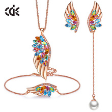 CDE-Conjunto de joyería de oro para mujer, adornado con cristales, colorido pavo real, collar, pendientes, pulsera, conjuntos de joyería 2024 - compra barato