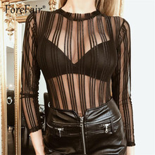 Forefair Sexy Mesh T-shirt Women Long Sleeve Round Neck Solid Striped T Shirt Black See-through Slim Summer Tops Tees 2024 - buy cheap