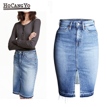 Hcyo saia feminina de cintura alta elástica, de algodão lavado, saia jeans casual slim stretch mini saia jeans para mulheres 2024 - compre barato