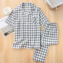 Summer Plaid Couple Pajamas 100% Cotton Gauze Sleepwear Short-sleeved Trousers Two Paper Suit Women and Men Casual Home Clothing 2024 - buy cheap