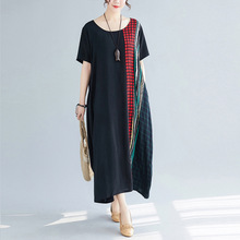 Johnature 2022 Summer New Korean Loose O-neck Solid Color Patchwork Dresses Women Casual Simple Pullover Long Dress 2024 - buy cheap