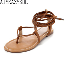 AIYKAZYSDL Women cross strap knee high summer roman Gladiator sandals Strappy Clip Toe thong Flat Heel flip flops Flock Shoes 2024 - buy cheap