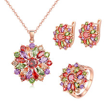 Ociki Colourful Rose Gold Color Cubic Zirconia Crystal Earrings Necklace and Ring Jewelry Set for Women Gift Drop Shipping 2024 - buy cheap
