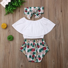 2019 Summer 3PCS Kids Baby Girls Set Off Shoulder Vest Tops Shirt Plus Shorts Clothes Headband Outfits 2024 - buy cheap