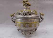 9 Chinese Folk Temple White copper silver Two Dragon Ear Censer incense burner 2024 - buy cheap