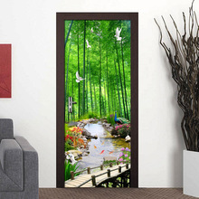 PVC Impermeável Paisagem Da Floresta de Bambu 3D Foto Papel De Parede Porta Adesivos de Parede Mural Home Decor Quarto Sala de estar Moderna Pintura 2024 - compre barato