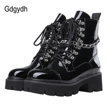 Gdgydh Patent Leather Womens Ladies Ankle Boots Mid Heel Lace Up Worker Army Black Goth Shoes Autumn Sexy Chain High Quality 2024 - buy cheap