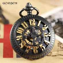 Reloj de bolsillo para hombre, con diseño hueco de número de Oro grande, cadena FOB de Reloj de bolsillo mecánico, esqueleto de acero negro, Steampunk 2024 - compra barato