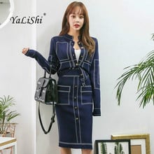 Conjunto de duas peças feminino com decote em o, azul, cinza, manga longa, elegante, para festa no escritório, até o joelho, saia de trabalho, 2 peças, 2018 2024 - compre barato