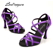 Ladingwu Dance Shoes Latin Women Purple Satin Salsa Dance Shoes unique design Soft Bottom Ballroom Dance Shoes Cuba Heel 9cm 2022 - buy cheap