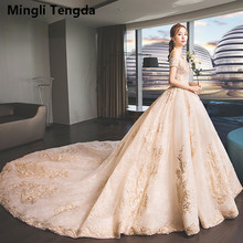 Mingli Tengda Champagne Wedding Dresses Full Lace Bride Dress Royal Train Wedding Dress Pearl Short Sleeve Bridal Gown Trouwjurk 2024 - buy cheap