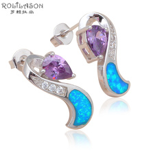 Top quality Blue Fire Opal Stamped Silver CZ  Stud Earrings Wholesale & Retail Fashionl Jewelry Opal Jewelry OE521 2024 - buy cheap