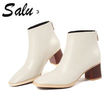 Salu novas botas curtas de couro femininas, calçado quadrado de salto quadrado preto de lã quente e inverno, bota de couro feminina, calçados na moda 2024 - compre barato