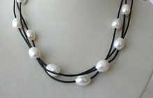 Free shipping ddh003589 stunning 3strands big 11mm baroque white freshwater pearl leather necklace 2024 - buy cheap