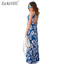 Z&KOZE High Waist Boho Leaf Print Summer Dress Hollow Out Back V Neck Women Sexy Spaghetti Strap Beach Wear Long Maxi Dress 2024 - buy cheap