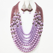 Европейский стиль фиолетовая круглая искусственная раковина, жемчуг, кристалл абакуса, 7 рядов, ожерелье, серьги, набор, прекрасные женские ювелирные изделия B1310 2024 - купить недорого
