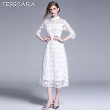 TESSCARA-vestido largo y elegante de verano para mujer, vestido de malla blanca, túnica Vintage de alta calidad, de diseñador para oficina y fiesta 2024 - compra barato